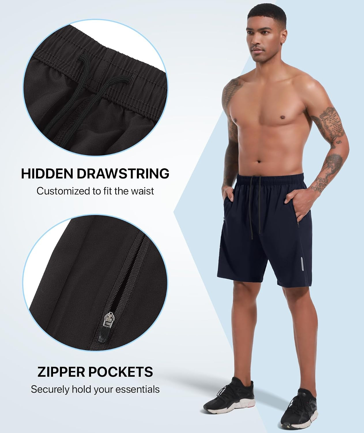 Mens Gym Shorts 7" Quick Dry Sports Running Short with Zip Pockets
